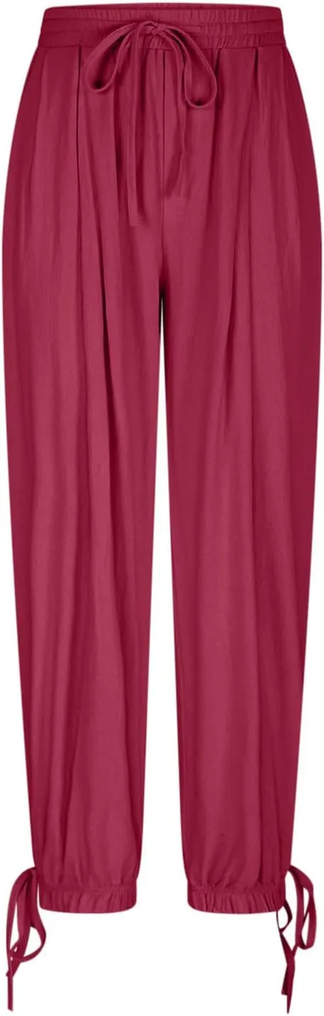 Womens Cinch Bottom Cotton Linen Pants Summer Casual Solid High Waist Drawstring Trousers Baggy Trouser with Pockets