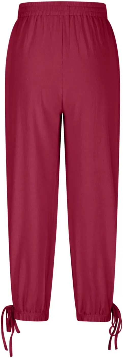 Womens Cinch Bottom Cotton Linen Pants Summer Casual Solid High Waist Drawstring Trousers Baggy Trouser with Pockets