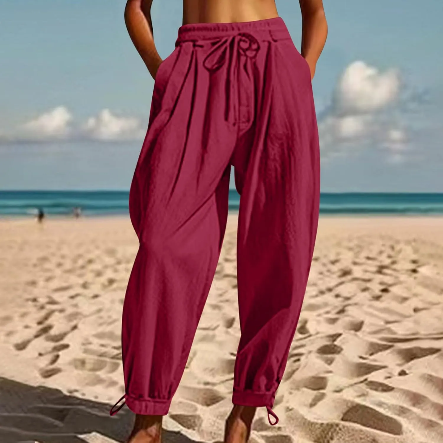 Womens Cinch Bottom Cotton Linen Pants Summer Casual Solid High Waist Drawstring Trousers Baggy Trouser with Pockets
