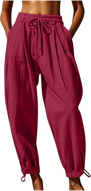 Womens Cinch Bottom Cotton Linen Pants Summer Casual Solid High Waist Drawstring Trousers Baggy Trouser with Pockets
