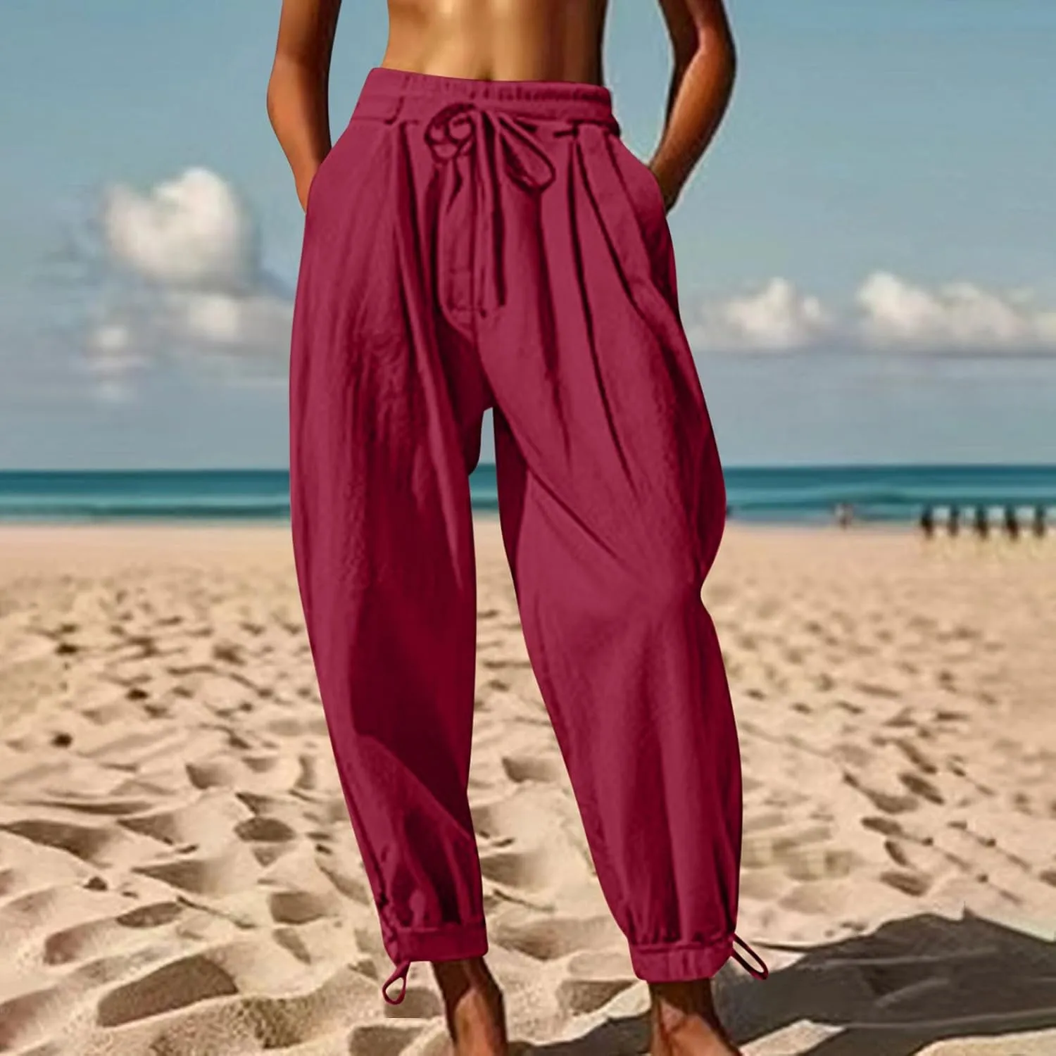 Womens Cinch Bottom Cotton Linen Pants Summer Casual Solid High Waist Drawstring Trousers Baggy Trouser with Pockets