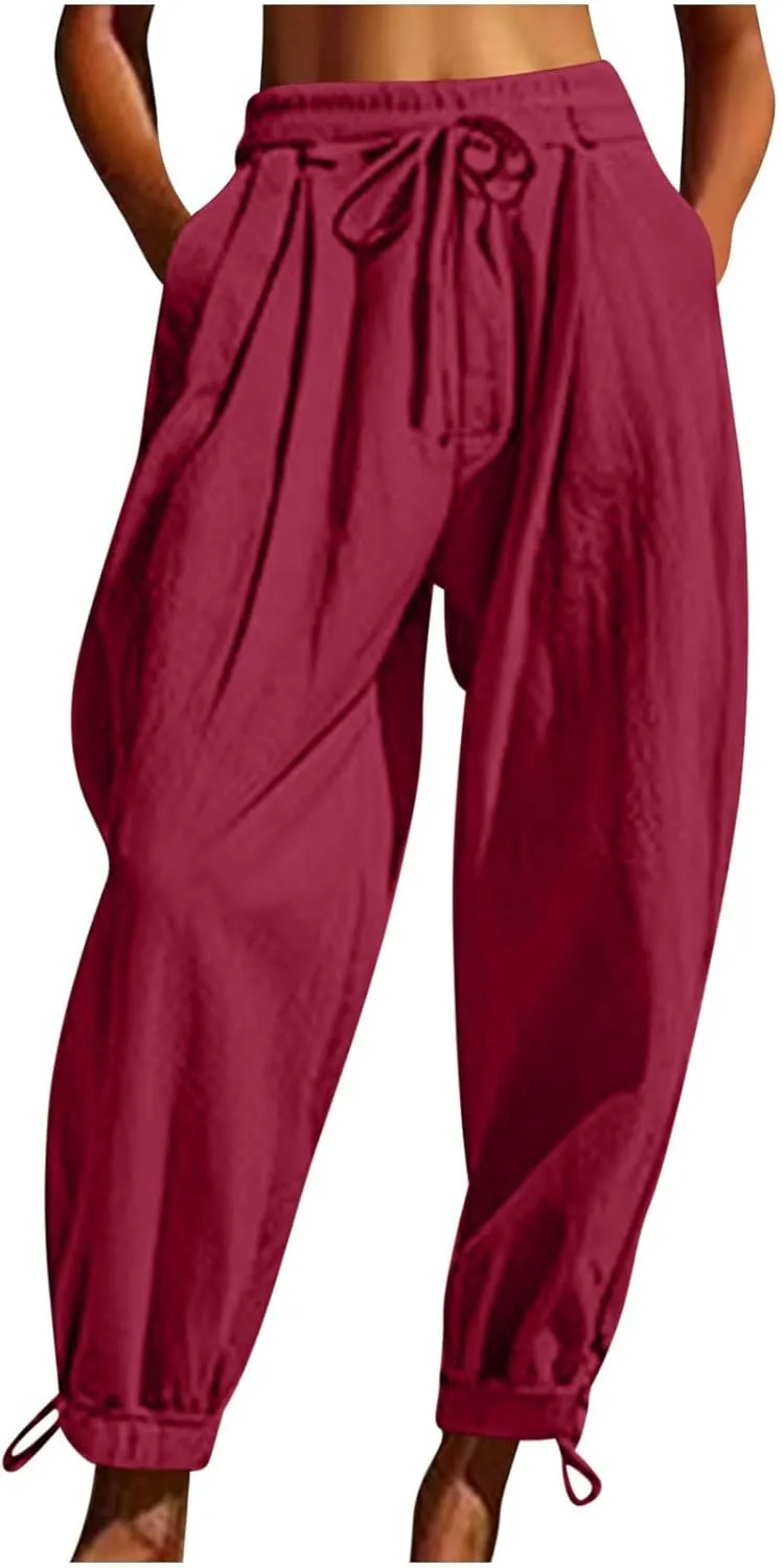 Womens Cinch Bottom Cotton Linen Pants Summer Casual Solid High Waist Drawstring Trousers Baggy Trouser with Pockets