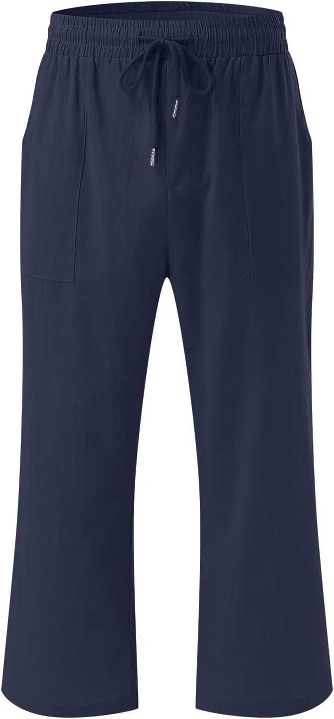 Womens Cotton Linen Palazzo Pants Drawstring High Waist Casual Cropped Trousers Lounge Pants Summer Beach Travel Vacation