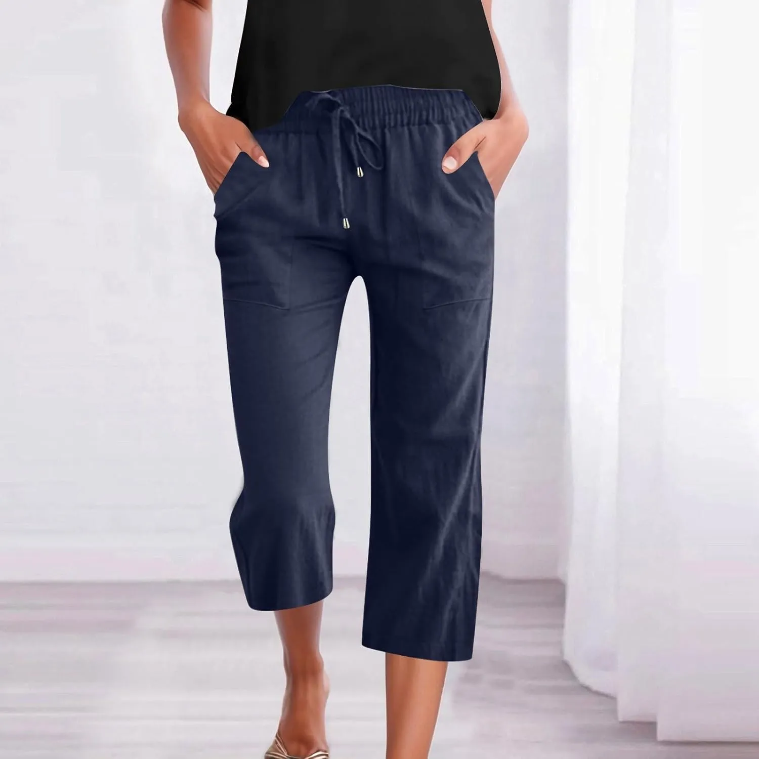 Womens Cotton Linen Palazzo Pants Drawstring High Waist Casual Cropped Trousers Lounge Pants Summer Beach Travel Vacation