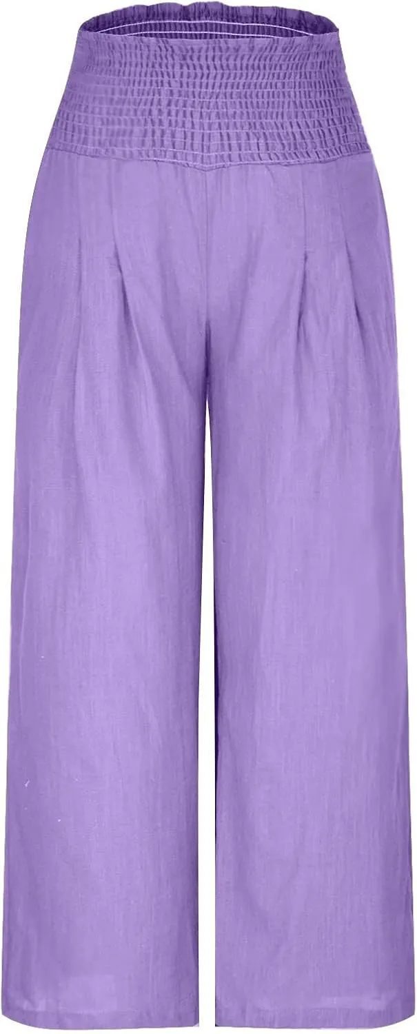 Women's Cotton Linen Palazzo Pants Loose Elastic Waist Trousers Solid Pleated Baggy Slacks Summer Vacation Outfits
