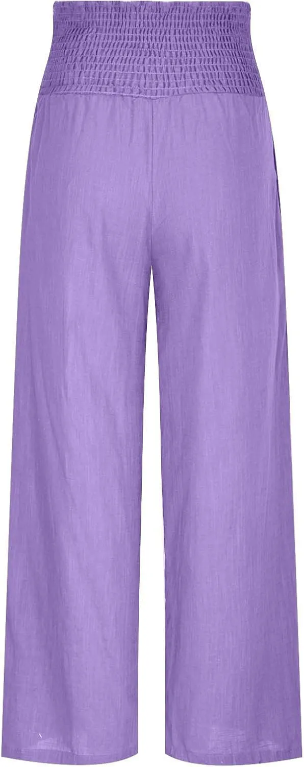 Women's Cotton Linen Palazzo Pants Loose Elastic Waist Trousers Solid Pleated Baggy Slacks Summer Vacation Outfits