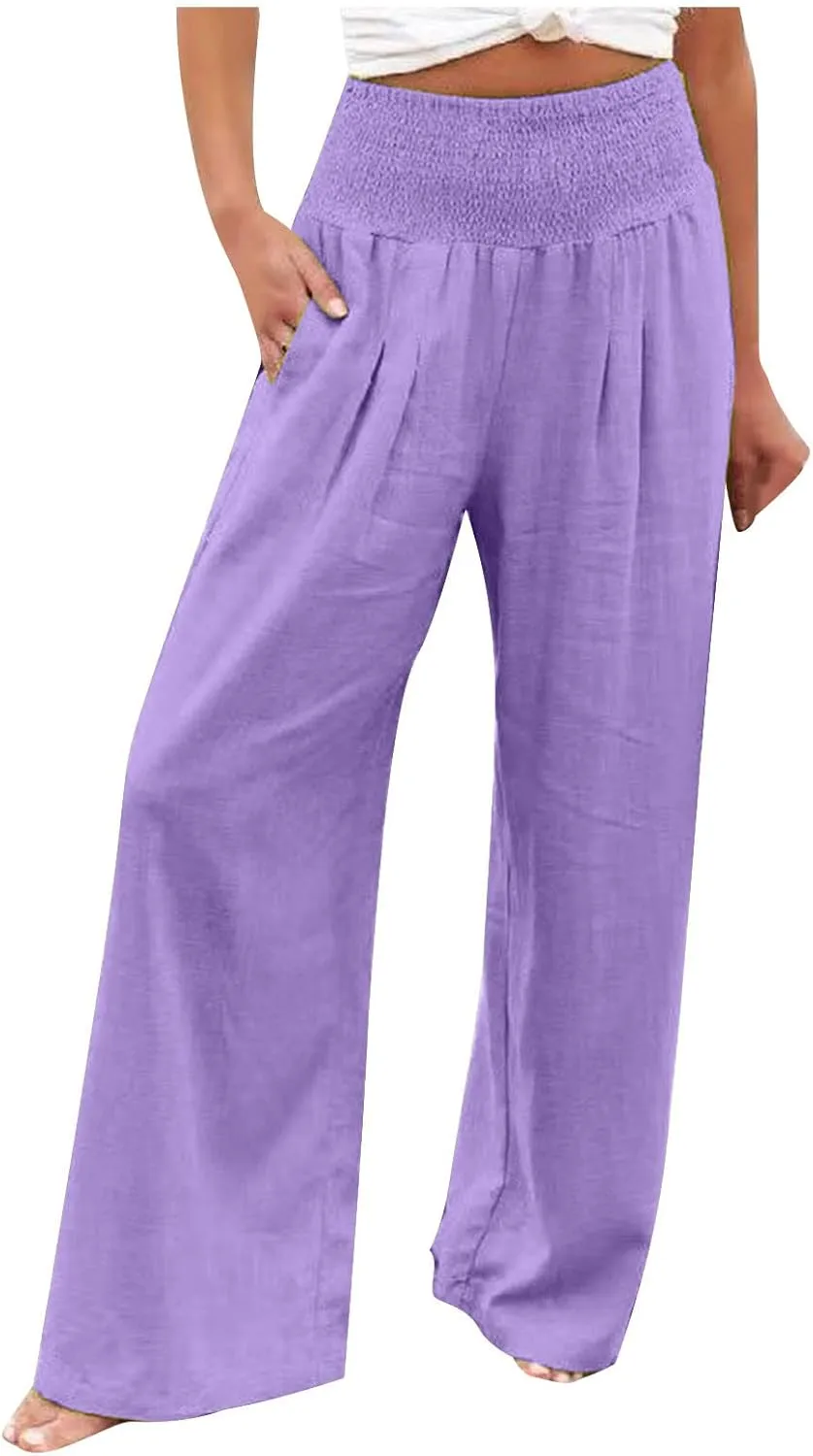 Women's Cotton Linen Palazzo Pants Loose Elastic Waist Trousers Solid Pleated Baggy Slacks Summer Vacation Outfits