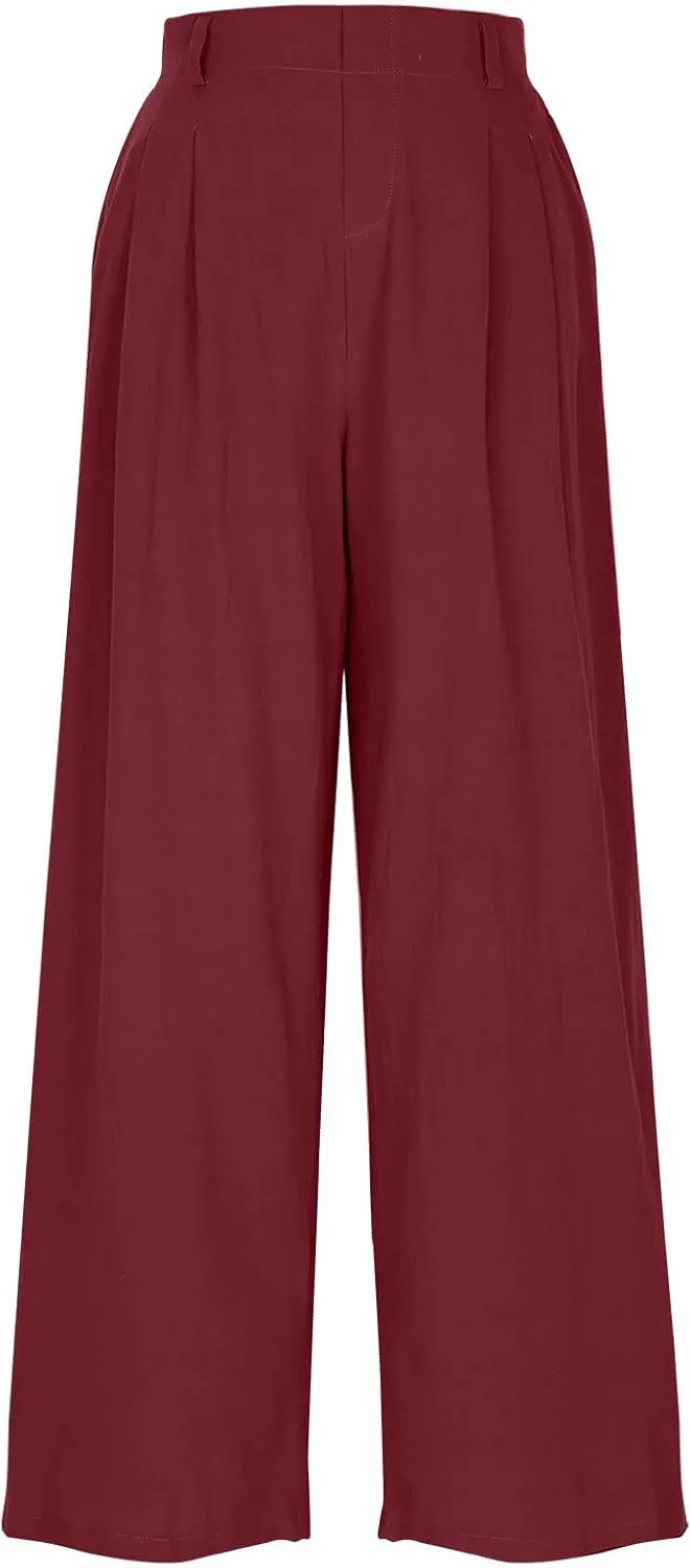 Women's Cotton Linen Pants Solid Color Wide Leg Palazzo Pants High Waist Casual Summer Beach Trousers with Pockets