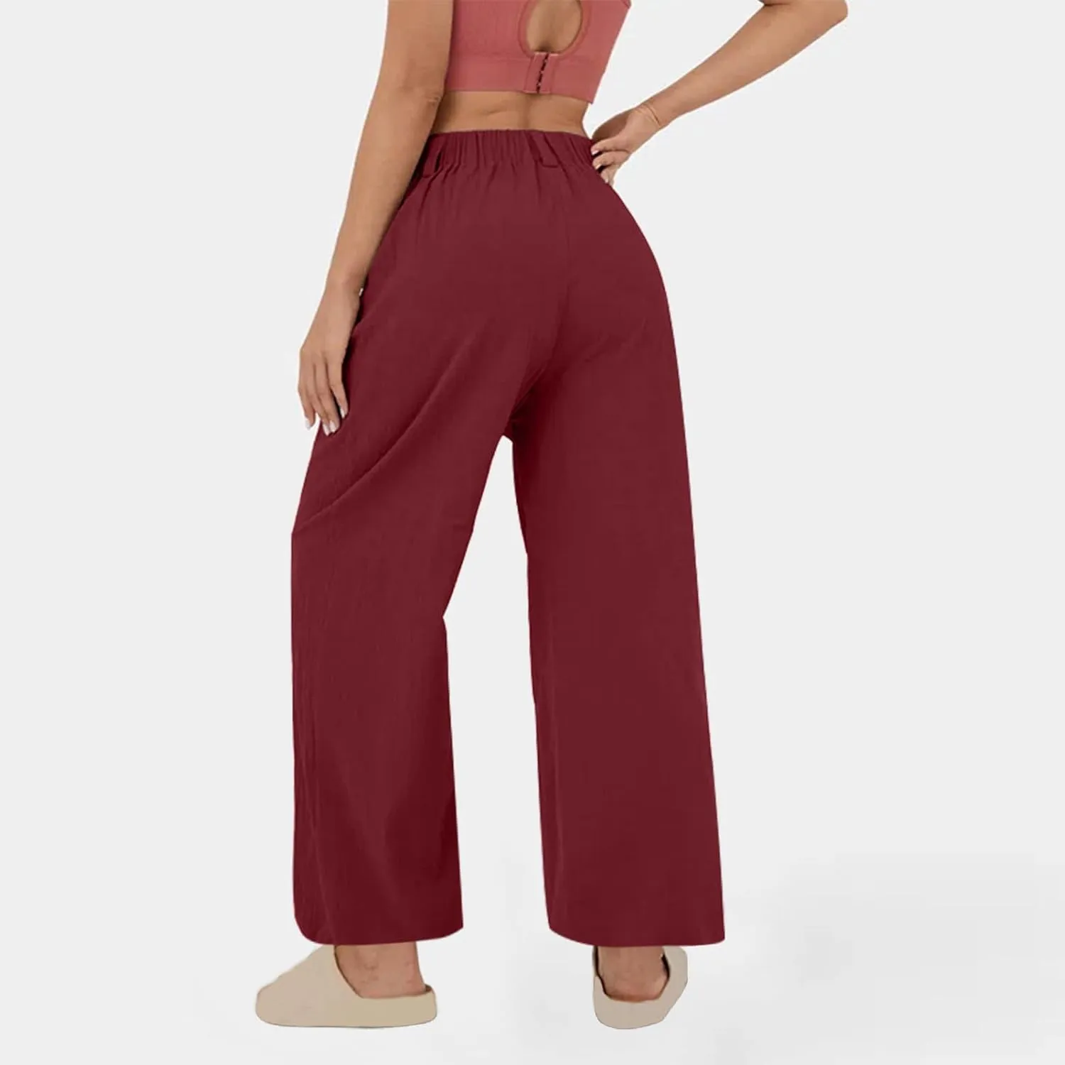 Women's Cotton Linen Pants Solid Color Wide Leg Palazzo Pants High Waist Casual Summer Beach Trousers with Pockets