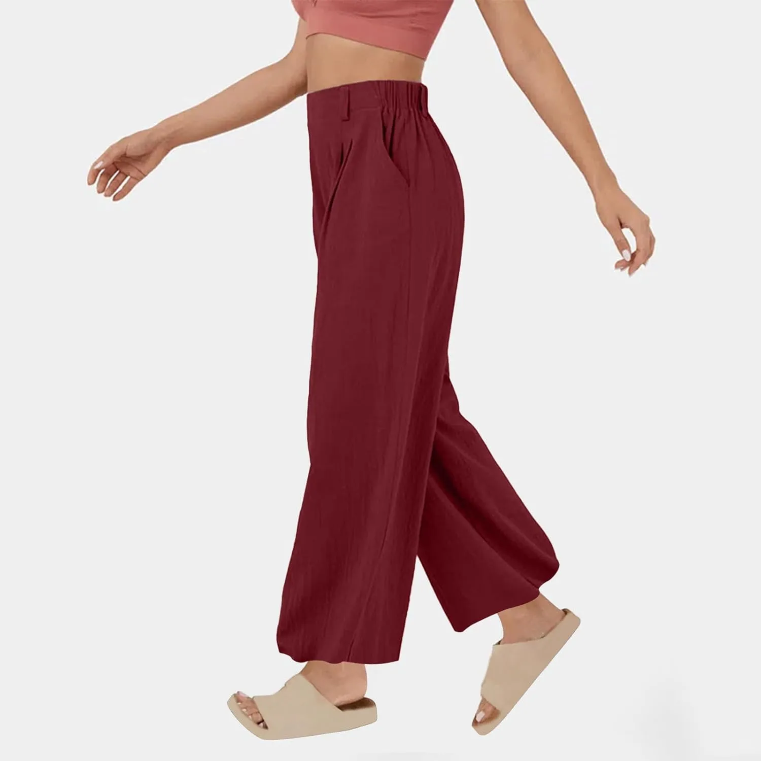 Women's Cotton Linen Pants Solid Color Wide Leg Palazzo Pants High Waist Casual Summer Beach Trousers with Pockets