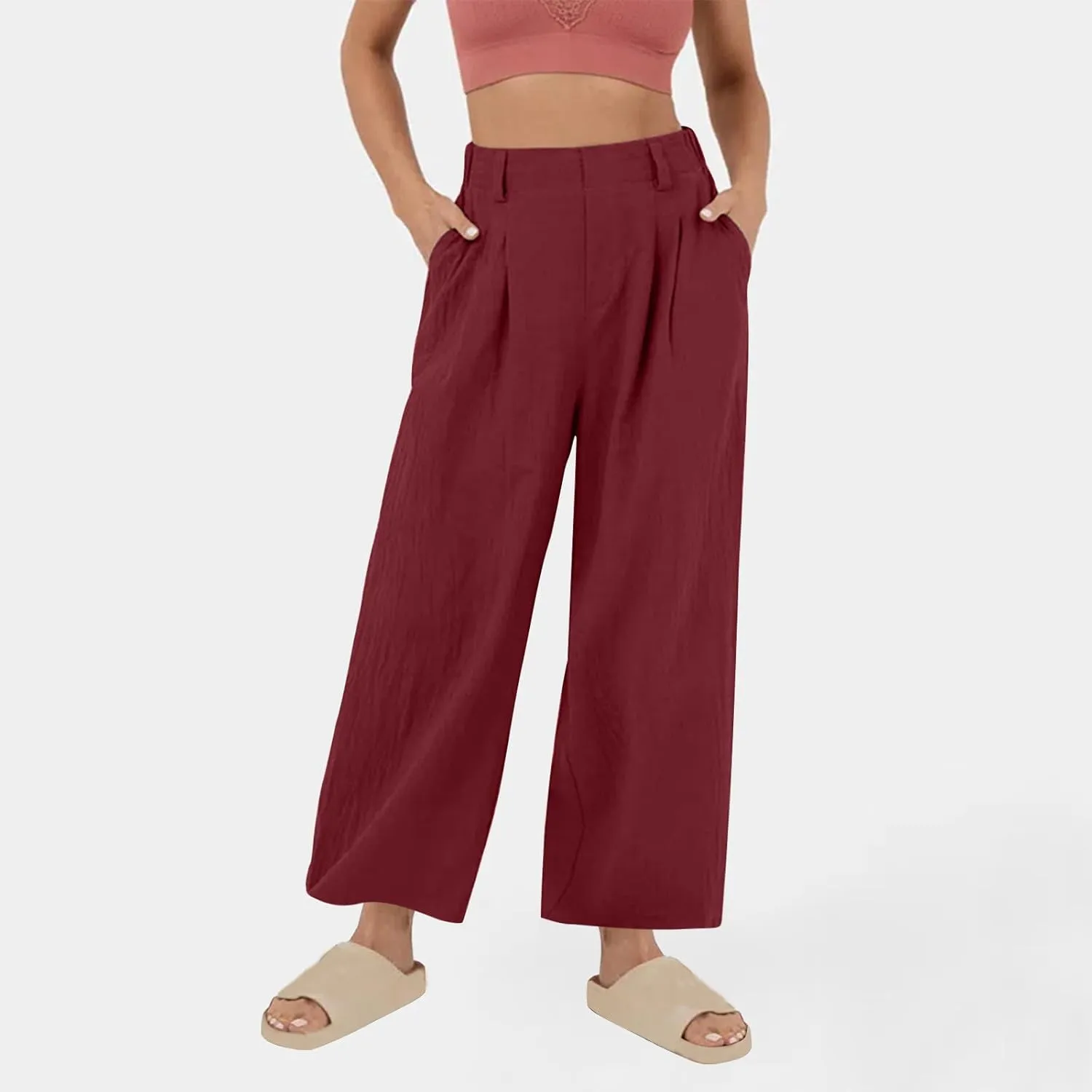 Women's Cotton Linen Pants Solid Color Wide Leg Palazzo Pants High Waist Casual Summer Beach Trousers with Pockets
