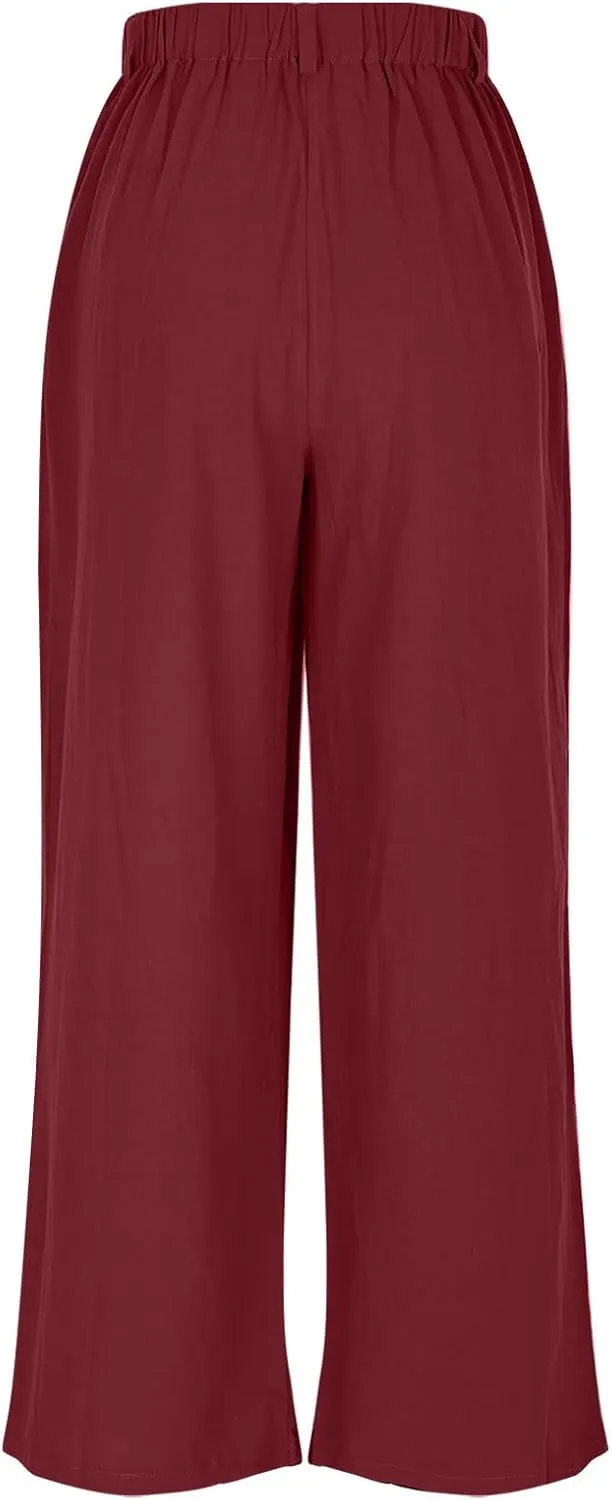Women's Cotton Linen Pants Solid Color Wide Leg Palazzo Pants High Waist Casual Summer Beach Trousers with Pockets