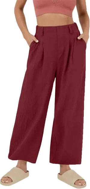 Women's Cotton Linen Pants Solid Color Wide Leg Palazzo Pants High Waist Casual Summer Beach Trousers with Pockets