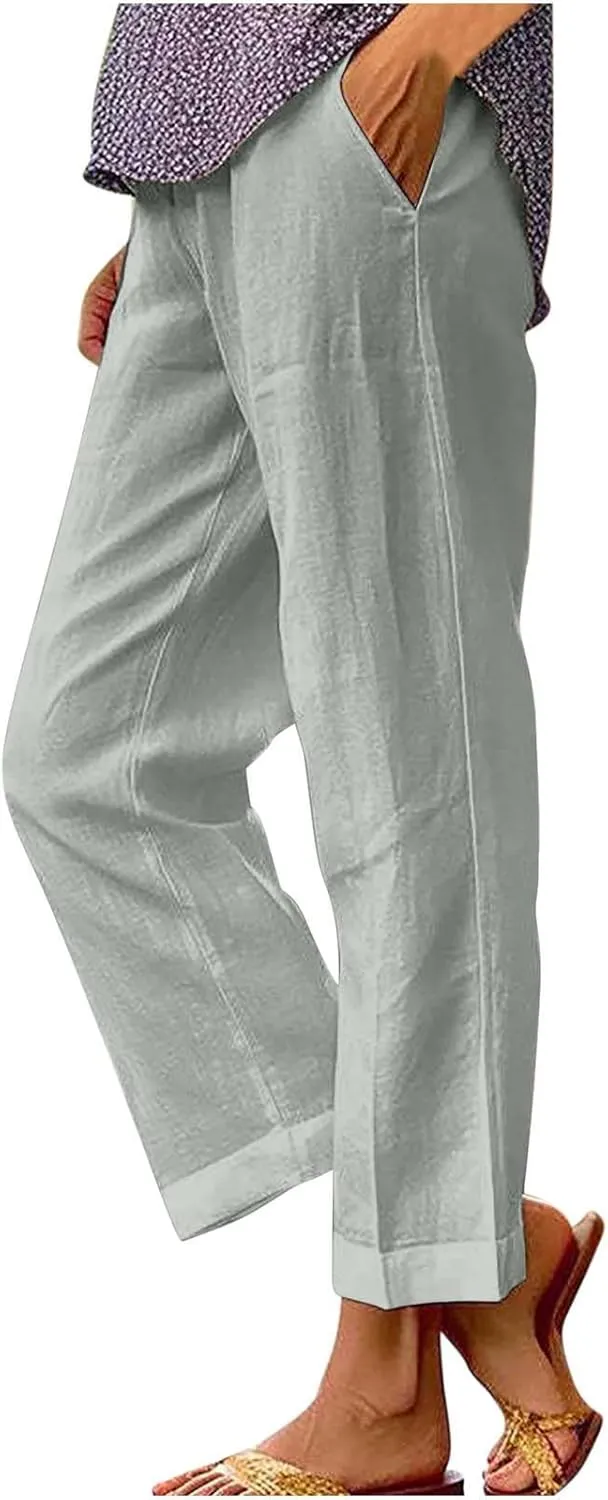 Women's Cotton Linen Pants Summer Trendy Straight Leg Pants Plus Size Elastic High Waist Lightweight Palazzo Trousers