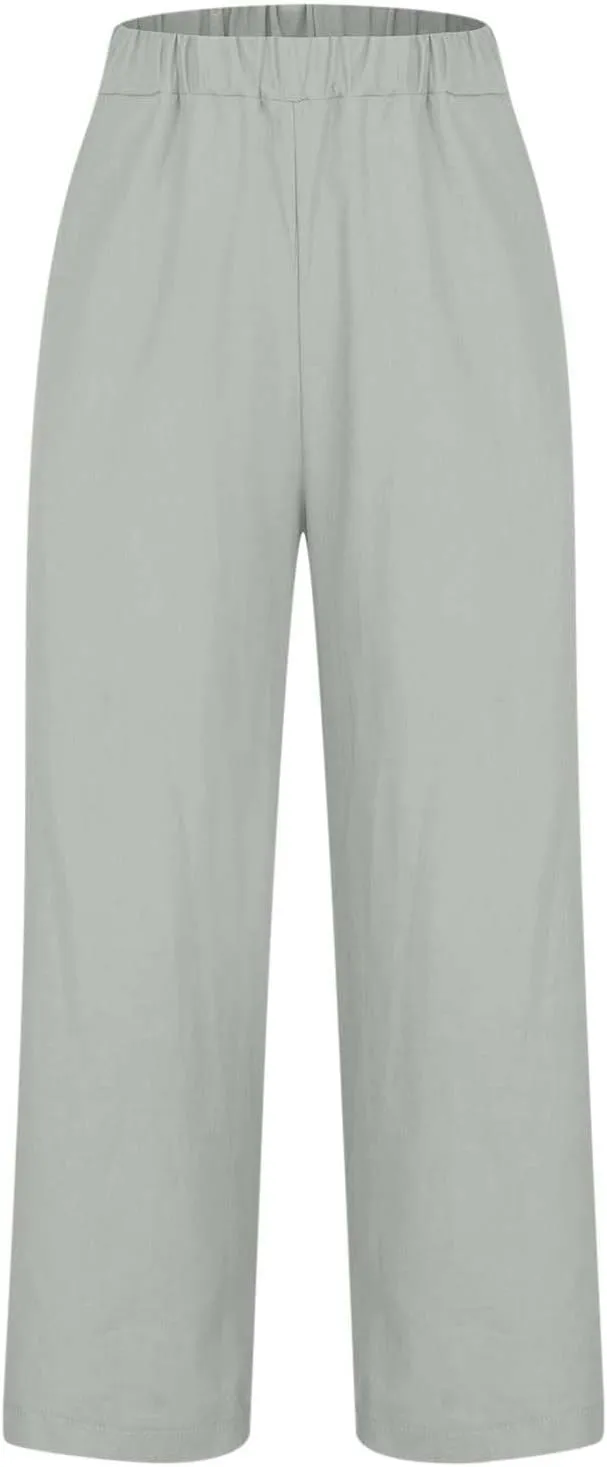 Women's Cotton Linen Pants Summer Trendy Straight Leg Pants Plus Size Elastic High Waist Lightweight Palazzo Trousers