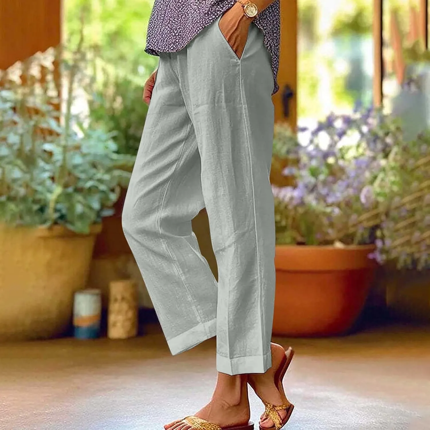 Women's Cotton Linen Pants Summer Trendy Straight Leg Pants Plus Size Elastic High Waist Lightweight Palazzo Trousers