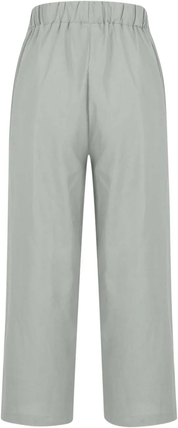Women's Cotton Linen Pants Summer Trendy Straight Leg Pants Plus Size Elastic High Waist Lightweight Palazzo Trousers