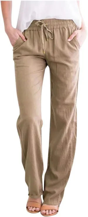 Women's Cotton Linen Straight Leg Pants Elastic Drawstring Casual Trousers with Pockets Summer Beach Lounge Pants