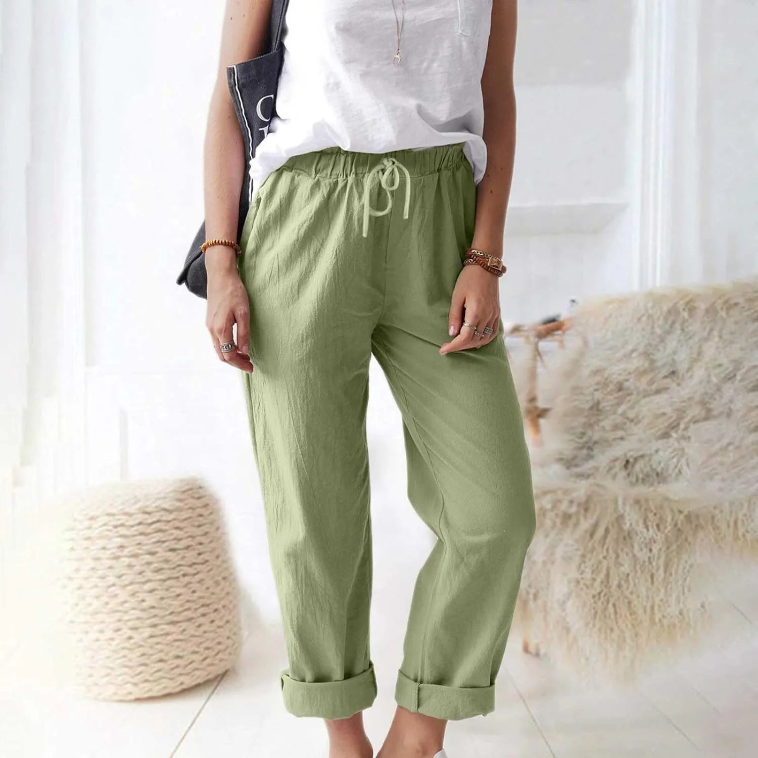 Womens Cotton Linen Straight Leg Pants Summer Drawstring Elastic High Waist Pants Casual Trousers with Pockets