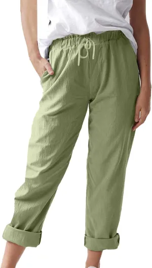Womens Cotton Linen Straight Leg Pants Summer Drawstring Elastic High Waist Pants Casual Trousers with Pockets