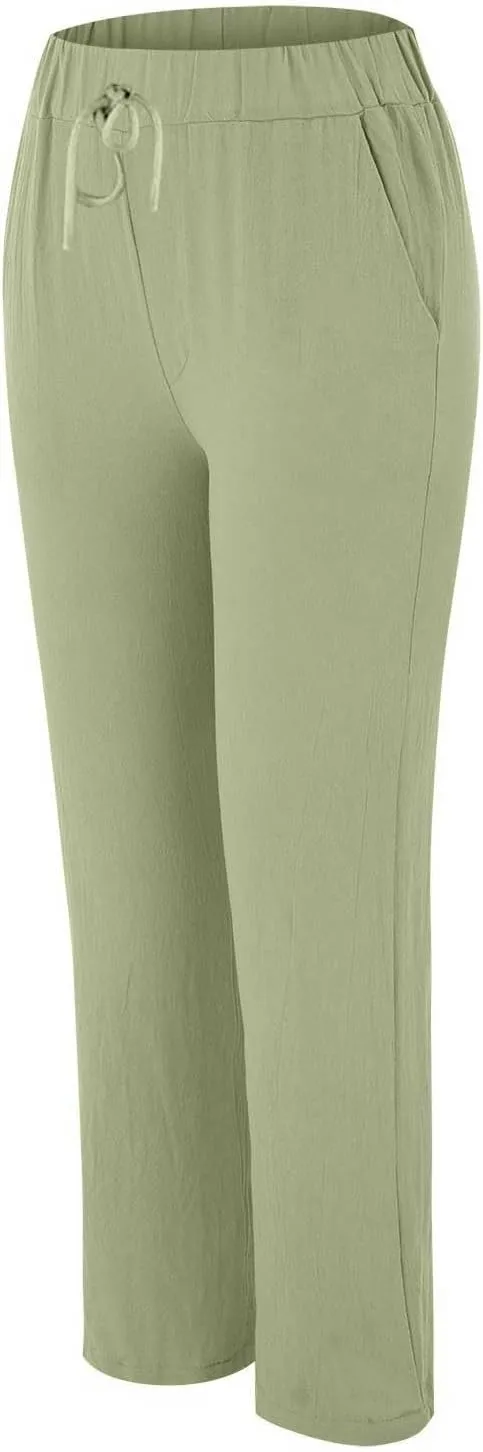 Womens Cotton Linen Straight Leg Pants Summer Drawstring Elastic High Waist Pants Casual Trousers with Pockets