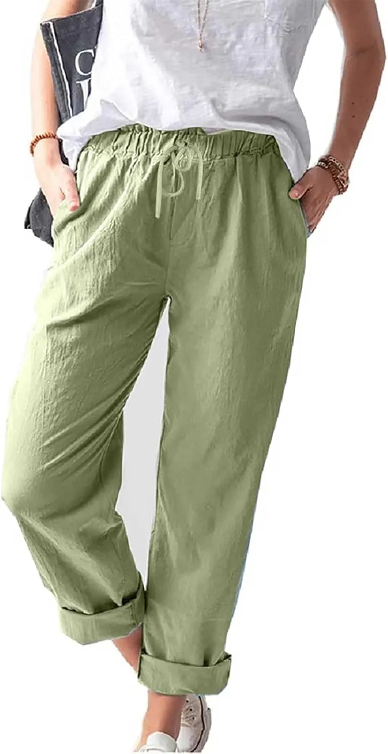 Womens Cotton Linen Straight Leg Pants Summer Drawstring Elastic High Waist Pants Casual Trousers with Pockets