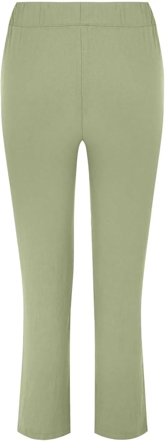 Womens Cotton Linen Straight Leg Pants Summer Drawstring Elastic High Waist Pants Casual Trousers with Pockets