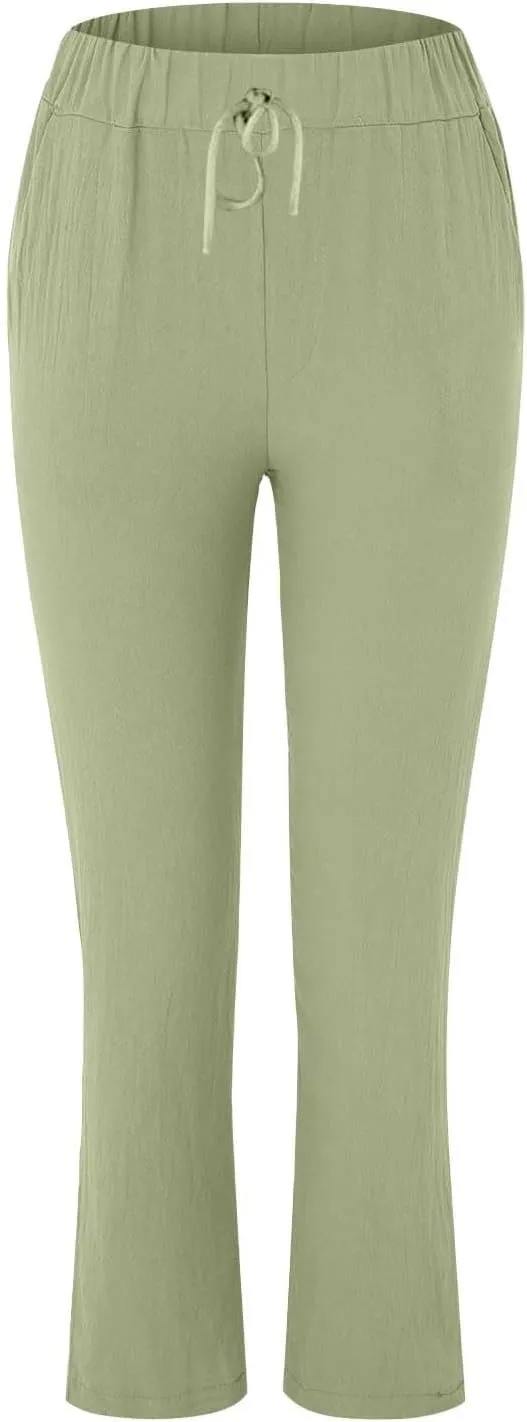 Womens Cotton Linen Straight Leg Pants Summer Drawstring Elastic High Waist Pants Casual Trousers with Pockets