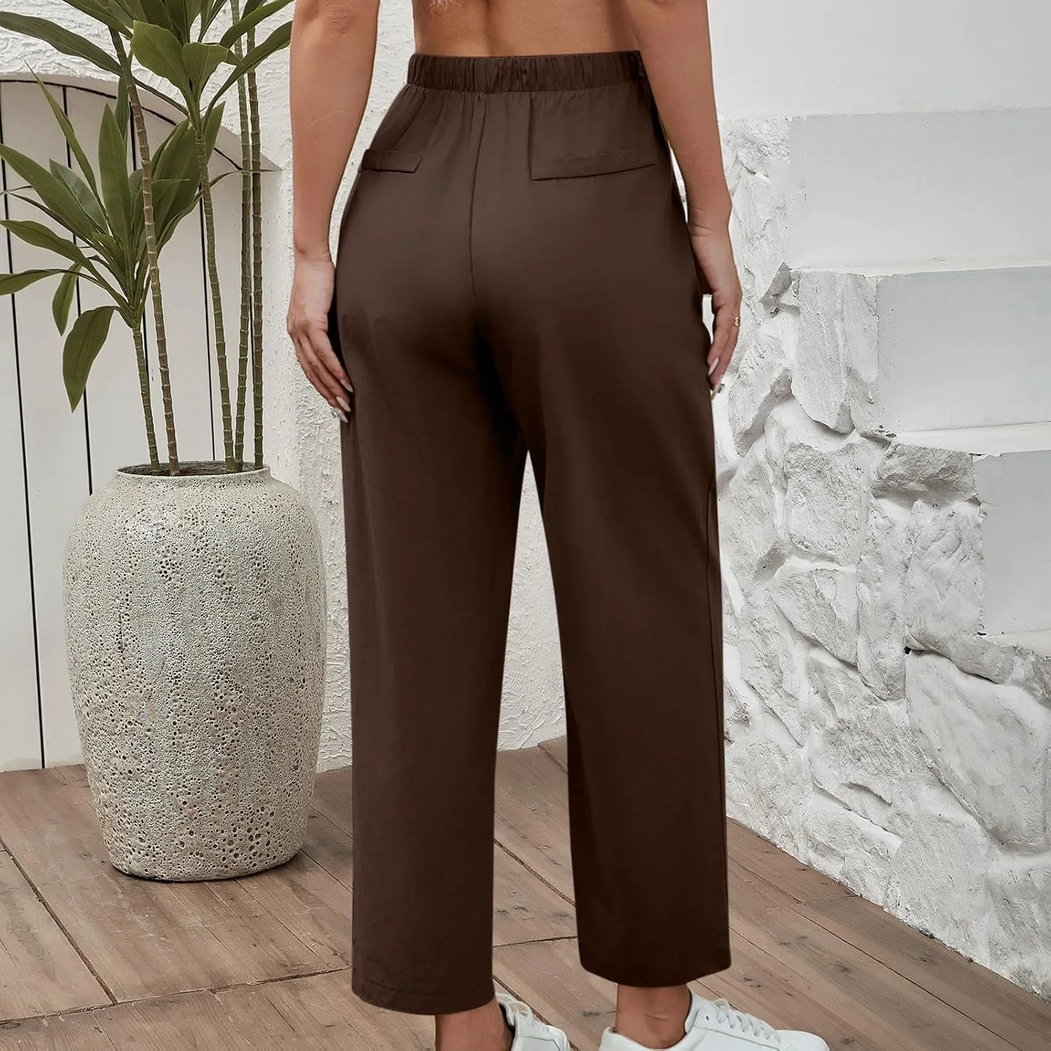 Women's Cotton Linen Summer Pants Wide Leg Casual Drawstring Elastic Pants Fashion Solid Color Trousers with Pockets