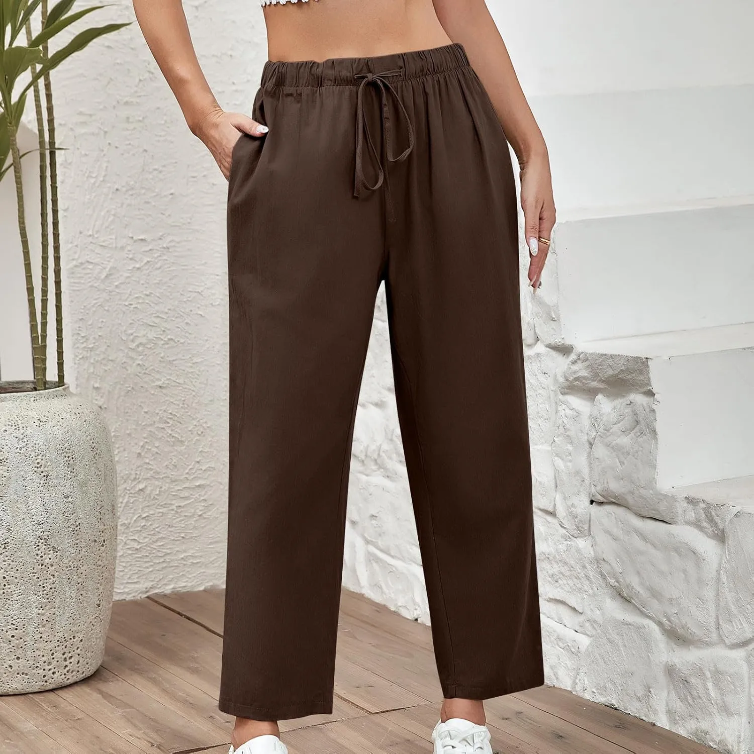 Women's Cotton Linen Summer Pants Wide Leg Casual Drawstring Elastic Pants Fashion Solid Color Trousers with Pockets