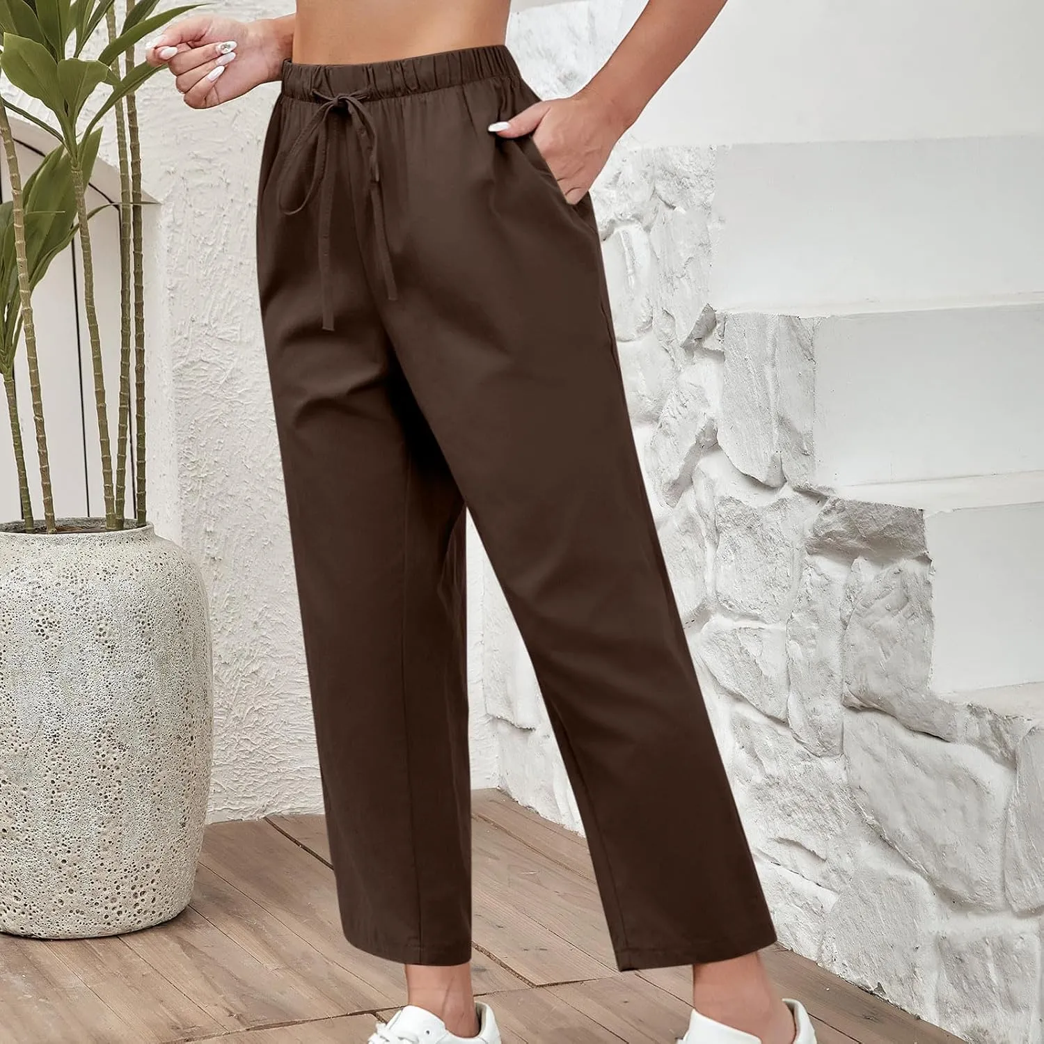 Women's Cotton Linen Summer Pants Wide Leg Casual Drawstring Elastic Pants Fashion Solid Color Trousers with Pockets