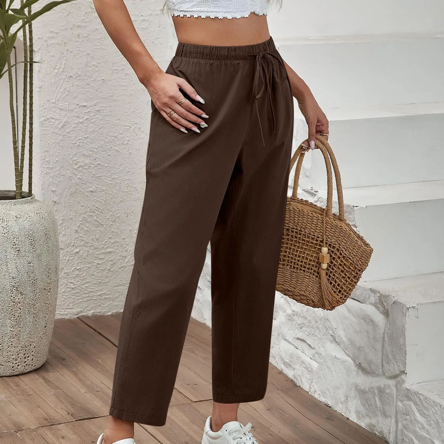 Women's Cotton Linen Summer Pants Wide Leg Casual Drawstring Elastic Pants Fashion Solid Color Trousers with Pockets