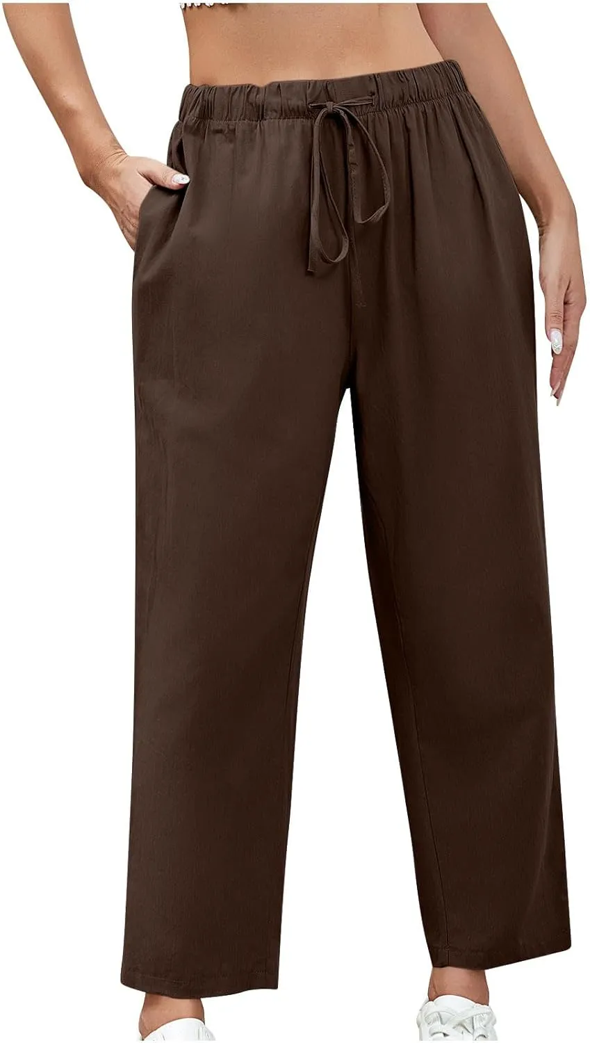 Women's Cotton Linen Summer Pants Wide Leg Casual Drawstring Elastic Pants Fashion Solid Color Trousers with Pockets