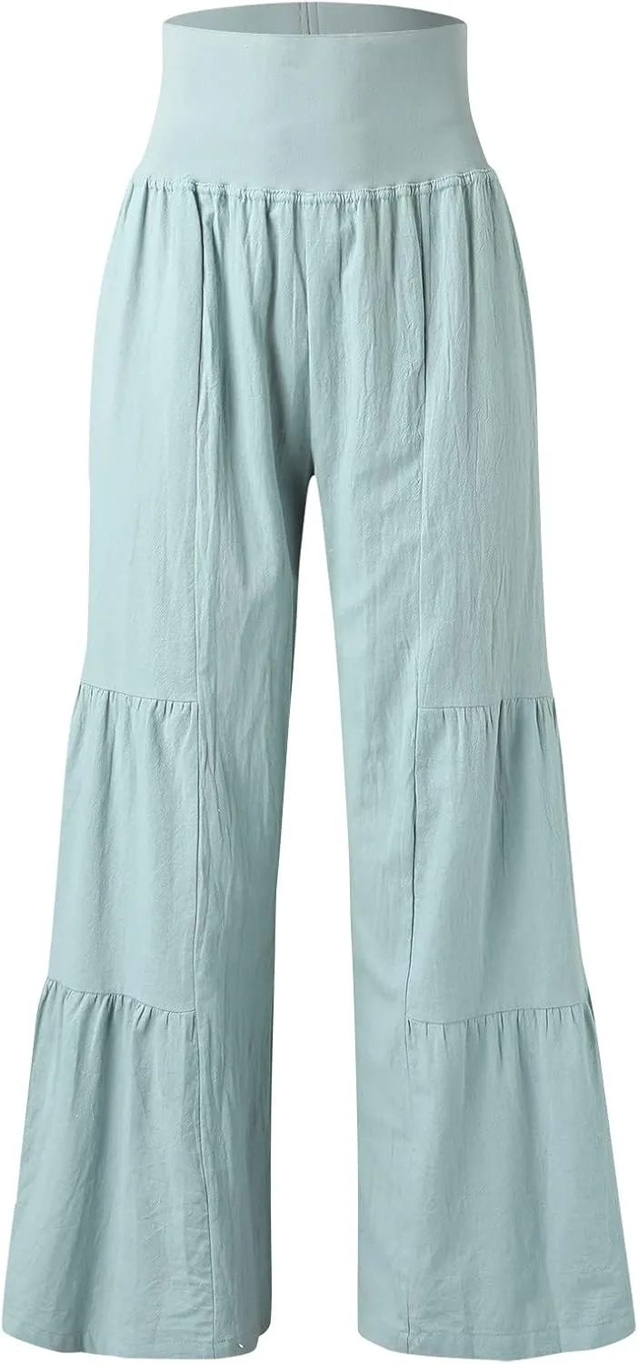 Womens Cotton Linen Wide Leg Pants Palazzo Plus Size Cropped Harem Pants Elastic Waist Capris Shorts with Pockets