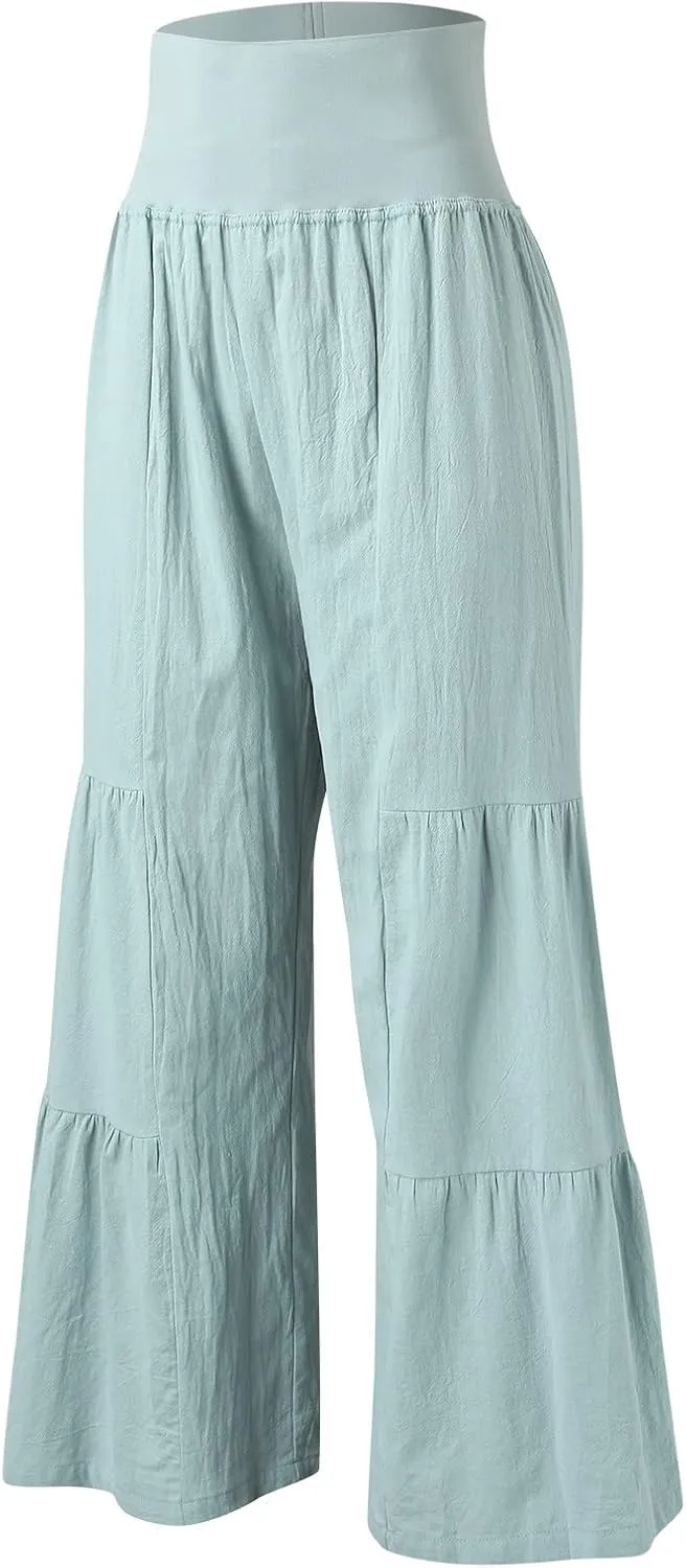 Womens Cotton Linen Wide Leg Pants Palazzo Plus Size Cropped Harem Pants Elastic Waist Capris Shorts with Pockets