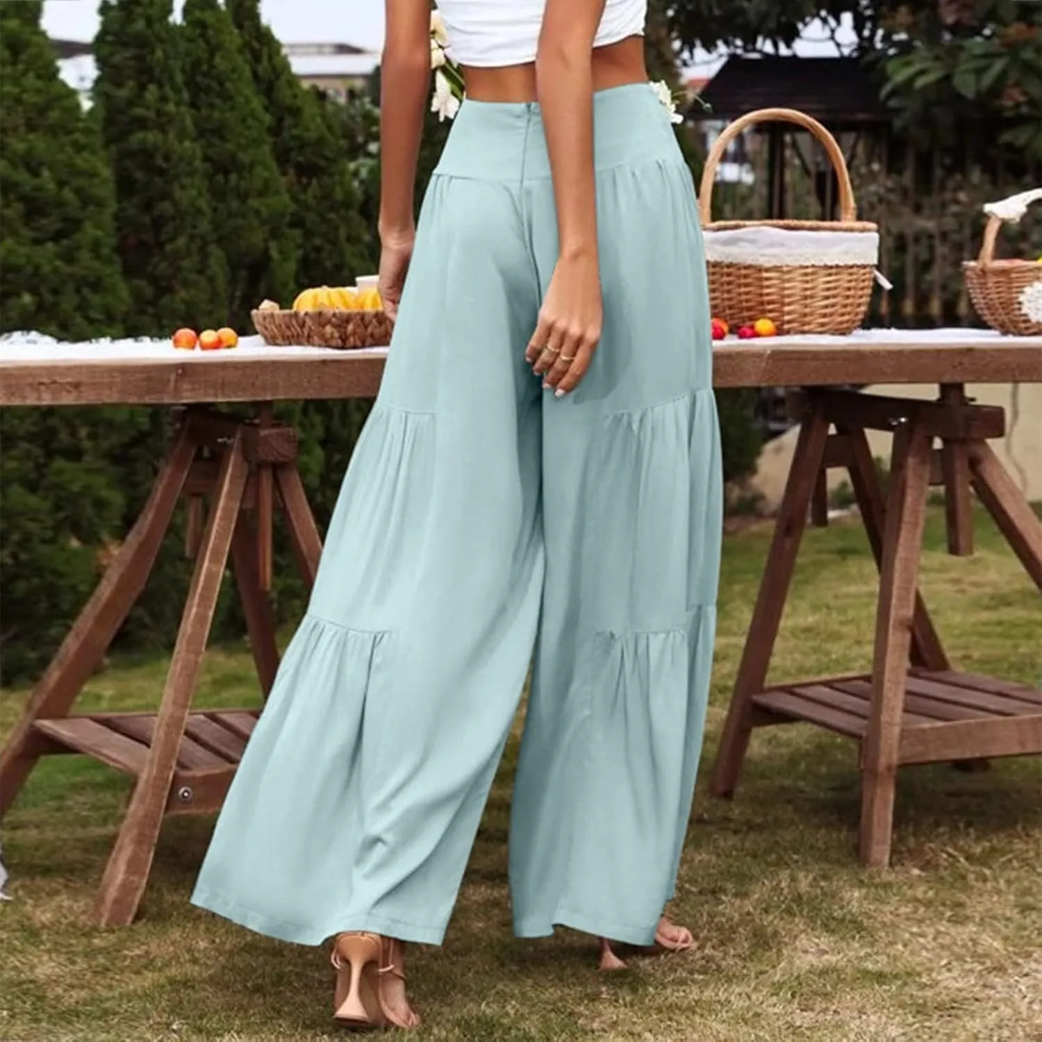 Womens Cotton Linen Wide Leg Pants Palazzo Plus Size Cropped Harem Pants Elastic Waist Capris Shorts with Pockets