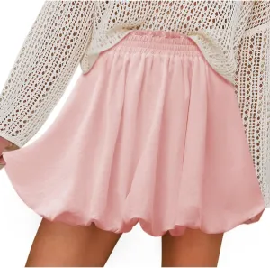 Women's Cute Bubble Skirt Frill Trim Elastic High Waisted Mini Skirts Summer Casual Fashion Solid Short Skater Skirt