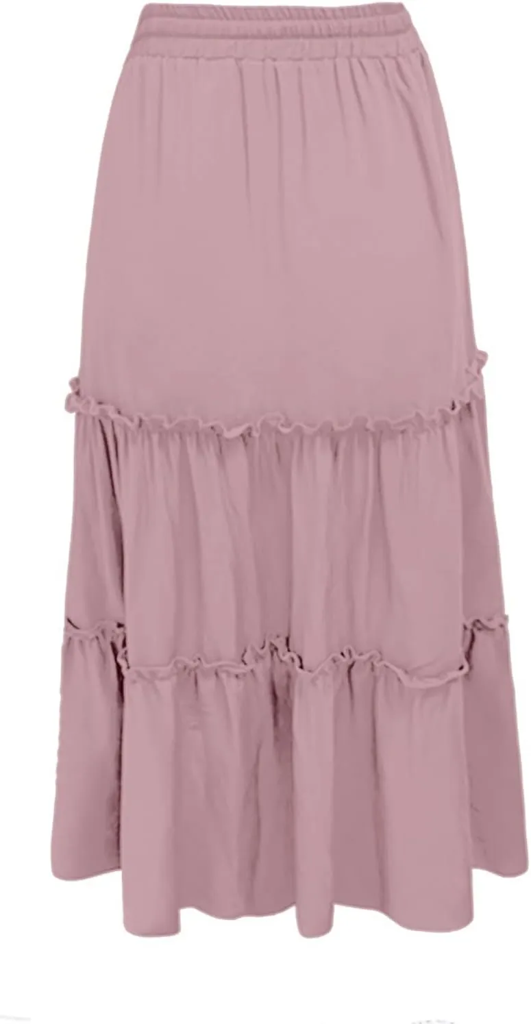 Womens Elastic High Waist Boho Maxi Skirt Ruffle A Line Swing Long Skirts Stretch Pencil Skirt Cotton