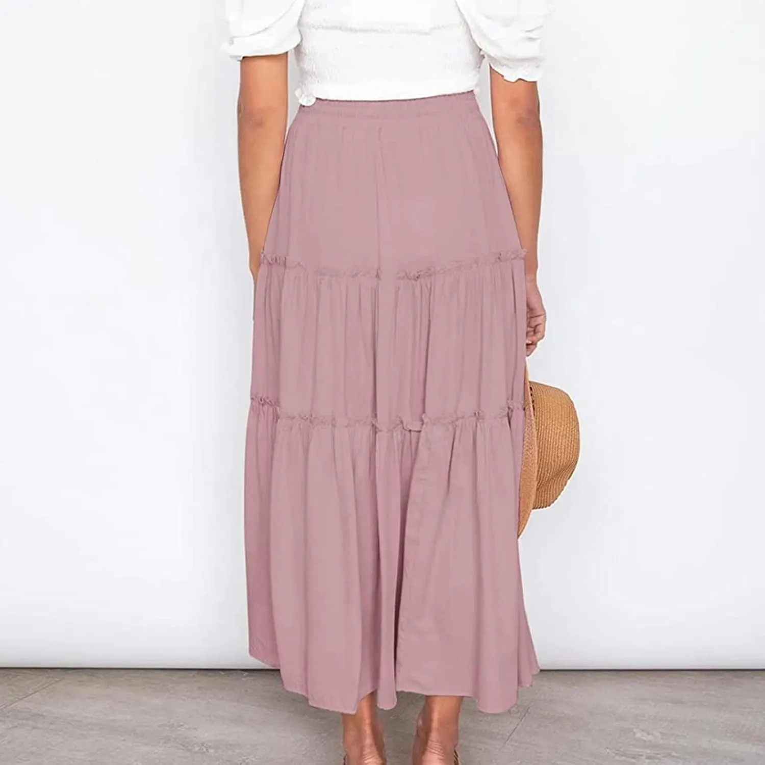 Womens Elastic High Waist Boho Maxi Skirt Ruffle A Line Swing Long Skirts Stretch Pencil Skirt Cotton