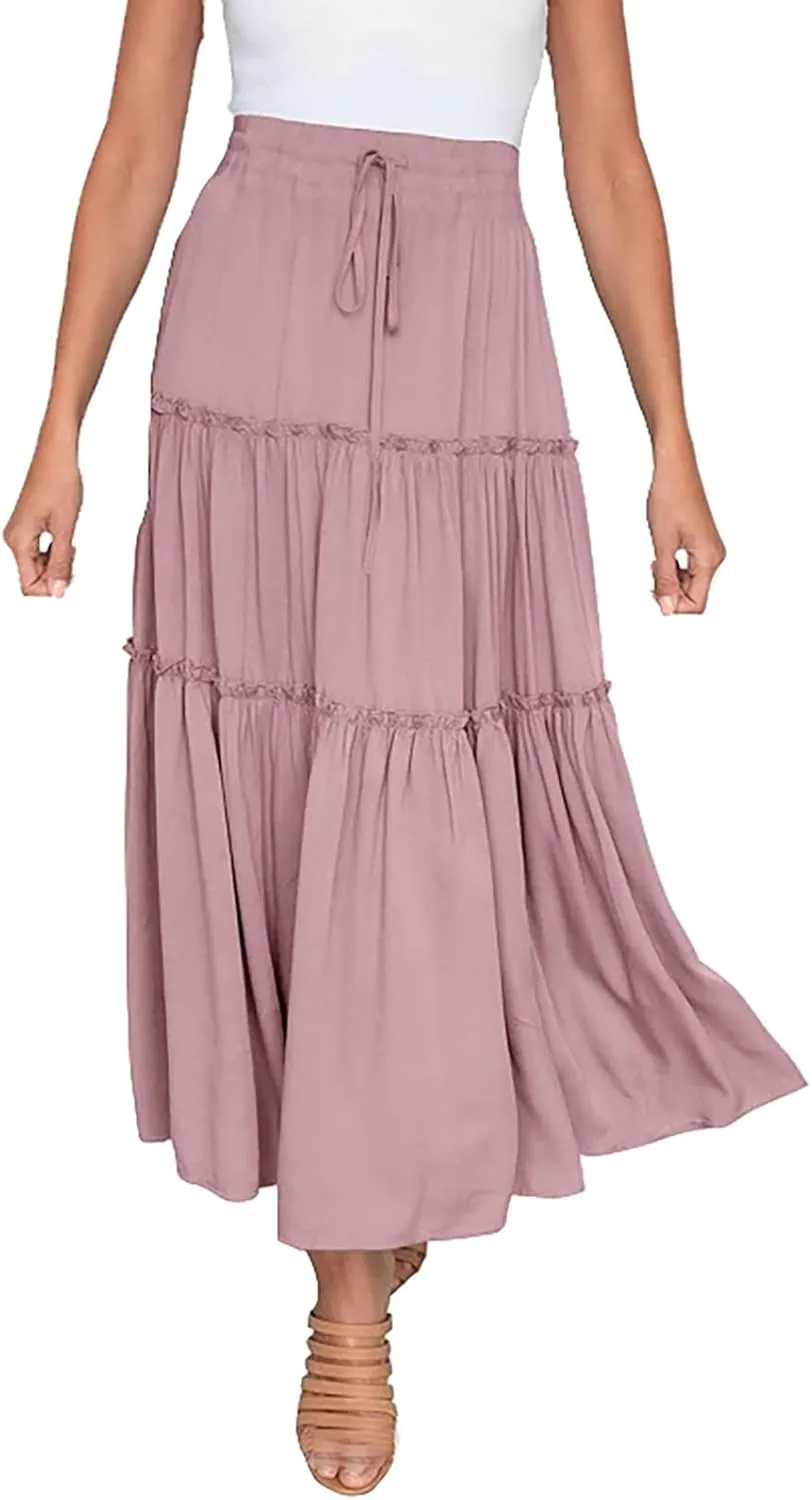 Womens Elastic High Waist Boho Maxi Skirt Ruffle A Line Swing Long Skirts Stretch Pencil Skirt Cotton