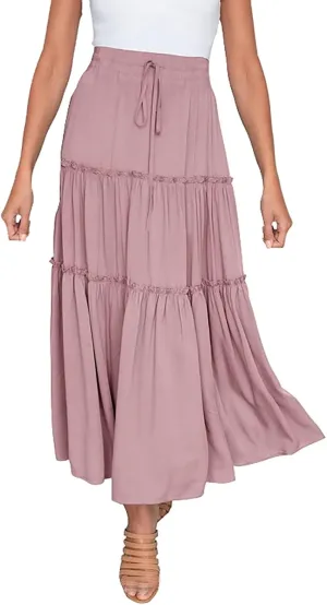 Womens Elastic High Waist Boho Maxi Skirt Ruffle A Line Swing Long Skirts Stretch Pencil Skirt Cotton