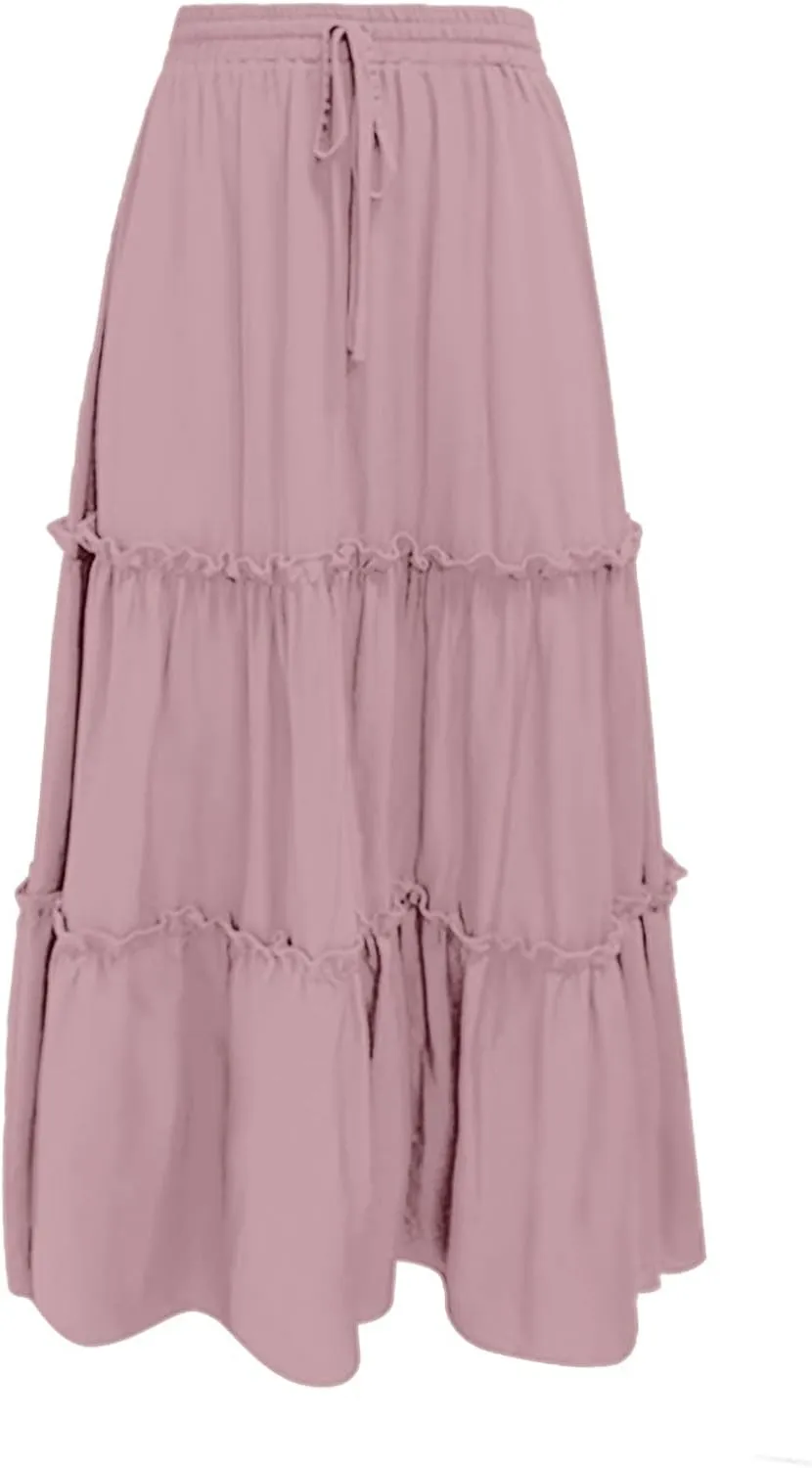 Womens Elastic High Waist Boho Maxi Skirt Ruffle A Line Swing Long Skirts Stretch Pencil Skirt Cotton