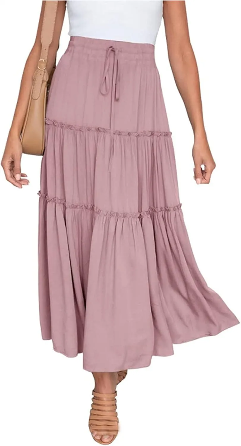 Womens Elastic High Waist Boho Maxi Skirt Ruffle A Line Swing Long Skirts Stretch Pencil Skirt Cotton