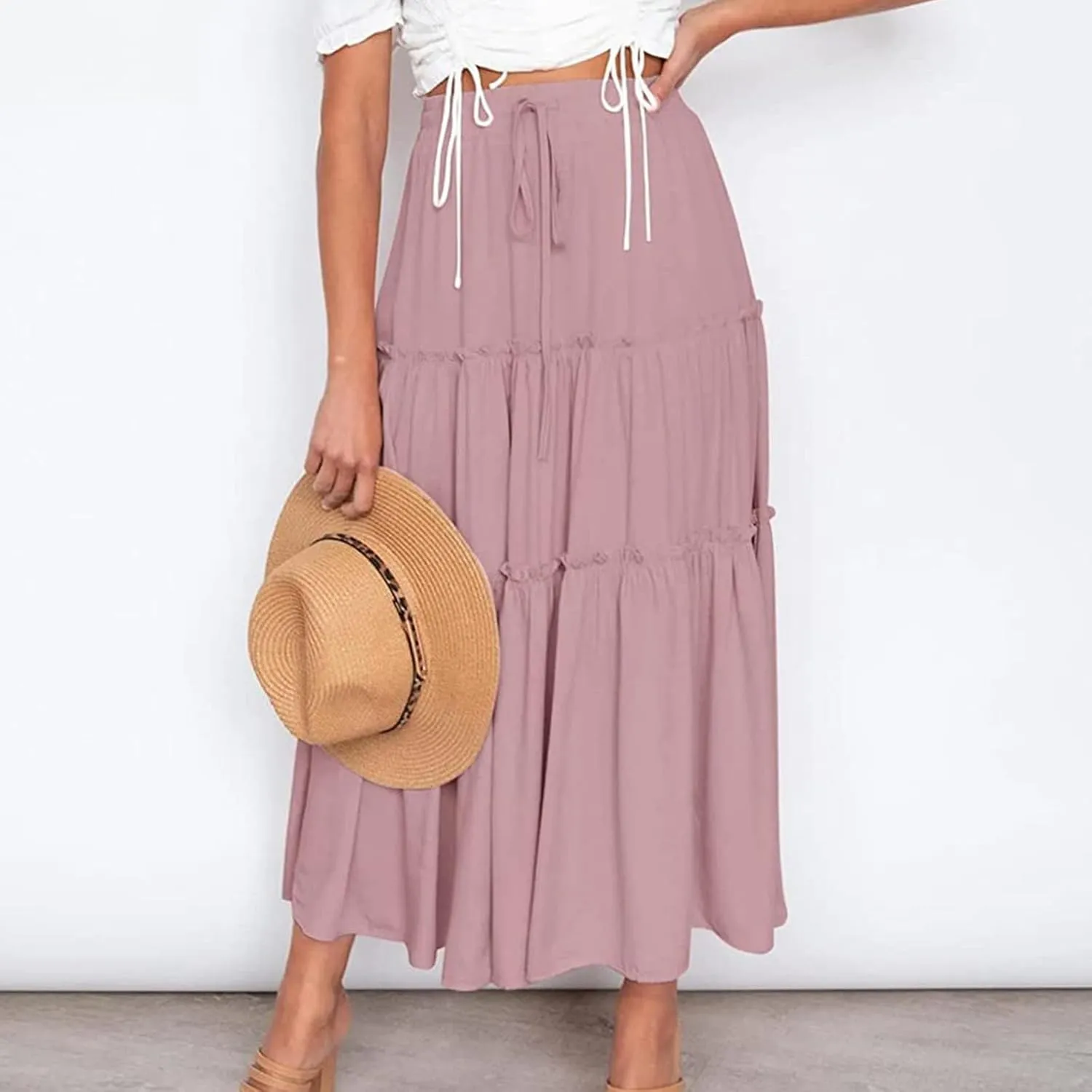 Womens Elastic High Waist Boho Maxi Skirt Ruffle A Line Swing Long Skirts Stretch Pencil Skirt Cotton