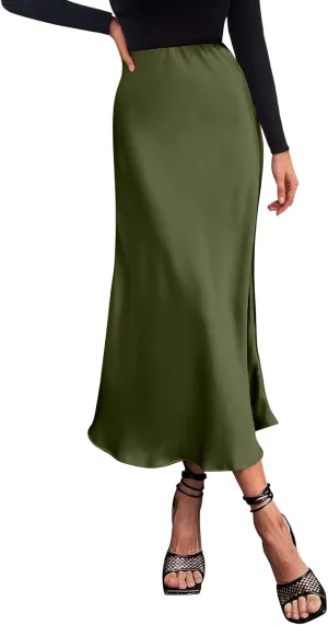 Womens Elegant Midi Skirt High Waisted Solid Satin Dress Work Skirts Party Wedding Flared A-Line Skirts