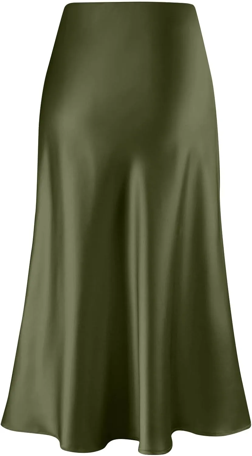 Womens Elegant Midi Skirt High Waisted Solid Satin Dress Work Skirts Party Wedding Flared A-Line Skirts