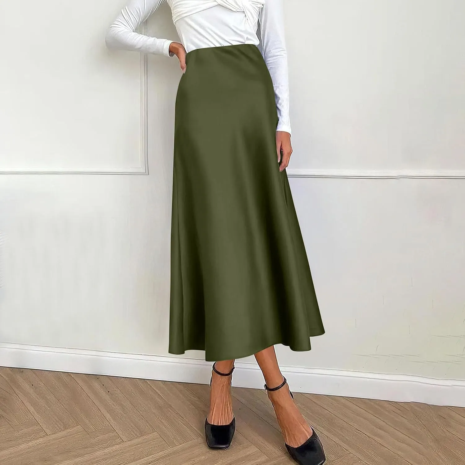 Womens Elegant Midi Skirt High Waisted Solid Satin Dress Work Skirts Party Wedding Flared A-Line Skirts