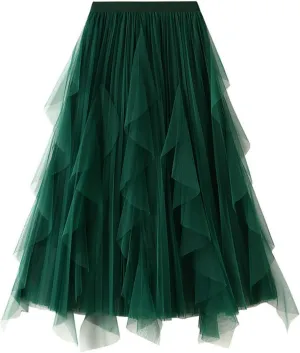 Women's Fashion High Waisted Ruffled Mesh Skirt Women's Mid Length Pleated Skirt Boys Skirt