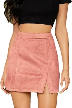 Womens Faux Suede Mini Skirt with Slit Hem, High Waisted Side Split Bodycon Short Skirt Zipper Back Sexy Work Skirts