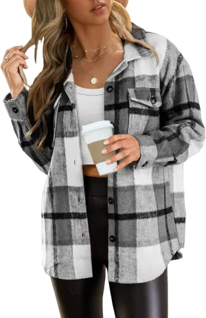 Womens Flannel Plaid Shirt Shacket Jacket Fleece Lapel Long Sleeve Button Down Jacket Coats Cardigans with Pockets